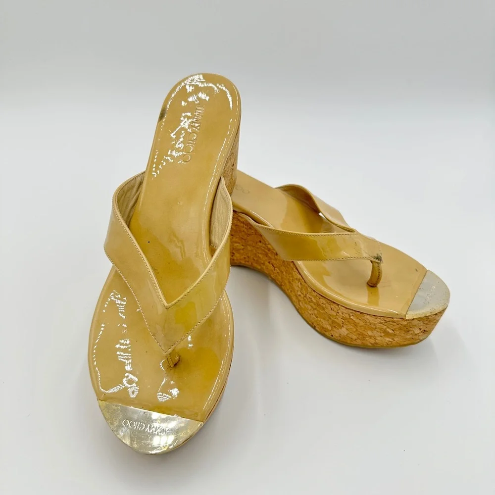 JIMMY CHOO Pathos‎ Patent Leather Cork WEDGES Yellow Women's size 8 EU 38